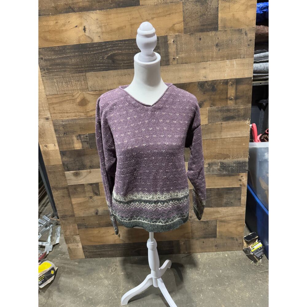 Vintage 1980s ALPS - Purple Nordic Print V-Neck Sweater- Size M